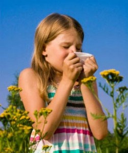 Photo of a young girl sneezing