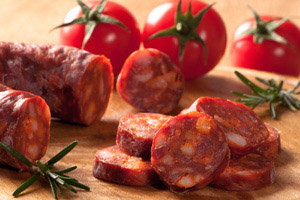 Photo of chorizo sausage on a chopping board