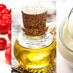 Composite photo of cranberries, ricce bran oil and yoghurt