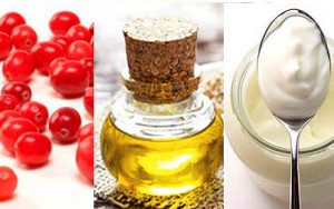 Composite photo of cranberries, ricce bran oil and yoghurt