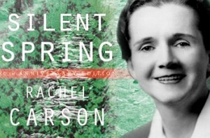 Photo of Rachel Carson superimposed on the cover of Silent Spring