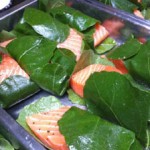 Photo of salmon baked in fig leaves