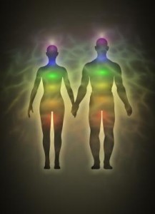 Illustration of chakra centres in a woman and a man