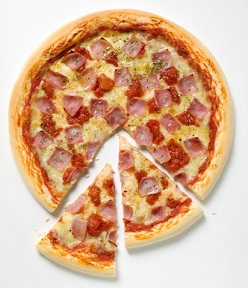 Photo of a ham and cheese pizza