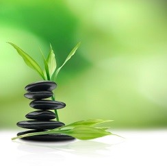 Photo of black stones against a green background